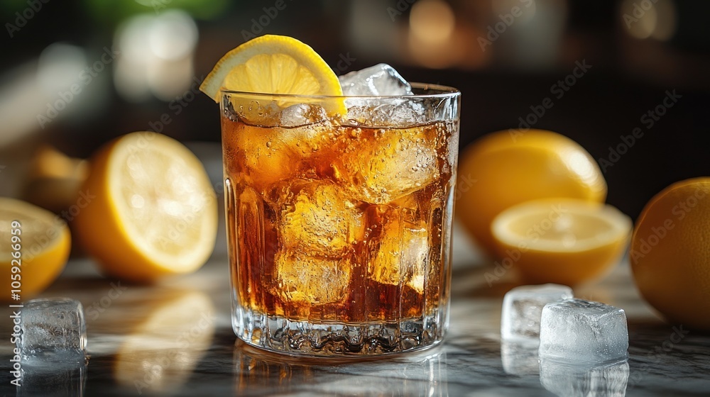 A refreshing glass of cola with ice and a lemon wedge, garnished with lemon slices. A refreshing glass of cola with ice and a lemon wedge, garnished with lemon slices.
