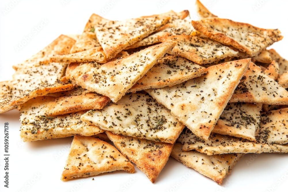 Isolated pile of crunchy spicy wheat tortillas and pita chips on a white background Isolated pile of crunchy spicy wheat tortillas and pita chips on a white background