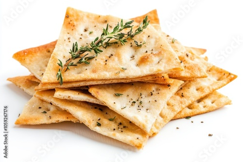 Isolated pita chips small wheat tortillas crunchy flatbreads with herbs and spices Mediterranean wheat snack on white backdrop