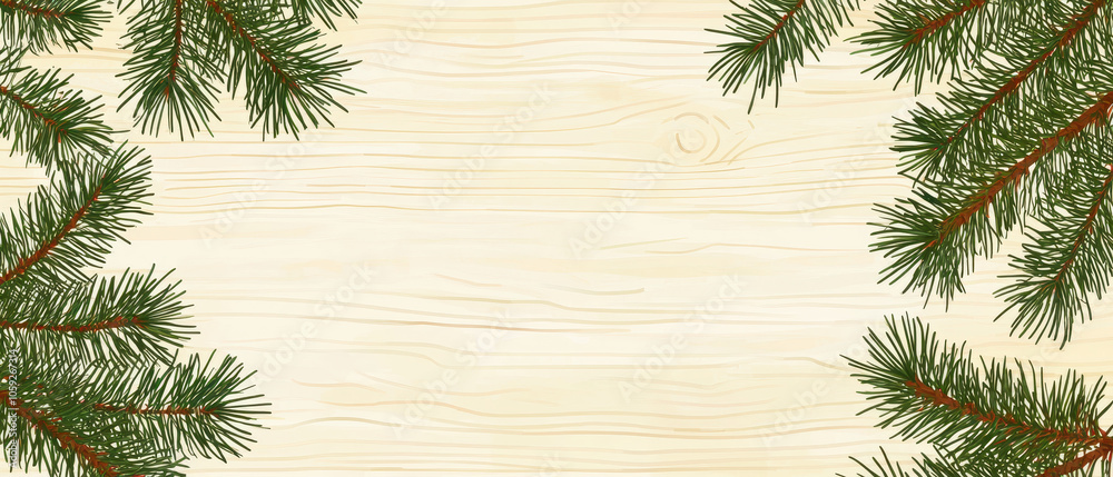 A festive background featuring pine branches on a light wood surface, perfect for holiday-themed designs and greetings.