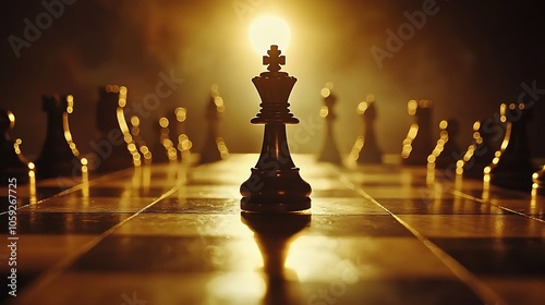 Fallen king on chessboard close-up in intense lighting for themes of strategic play photo