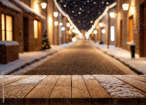 empty wooden table christmas night street background