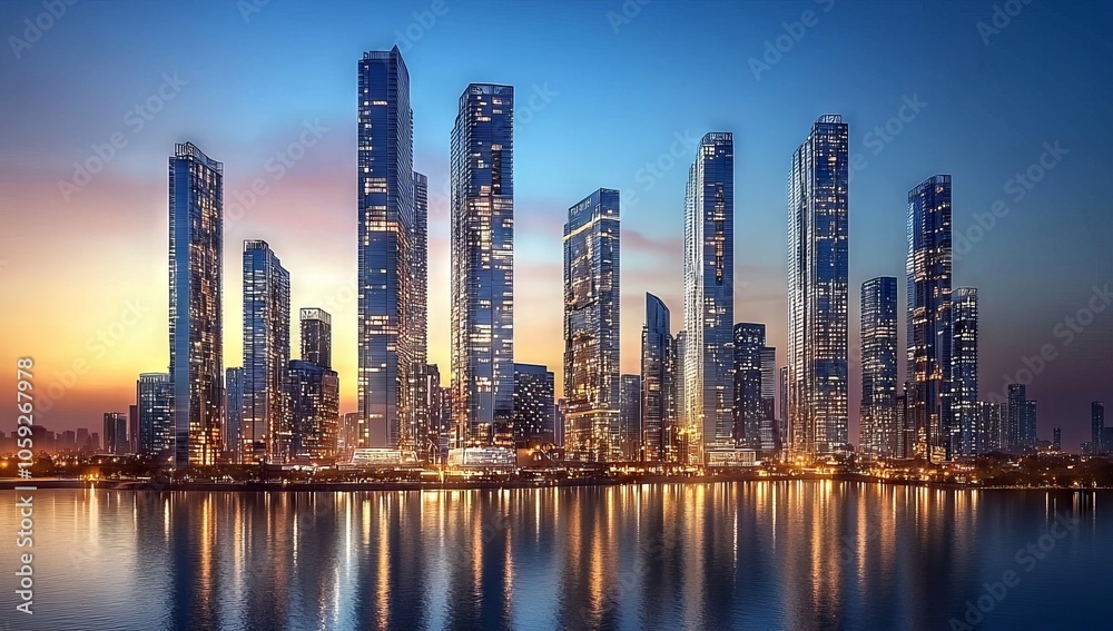 Obraz premium Towering over a modern city is a futuristic skyscraper with glowing neon windows