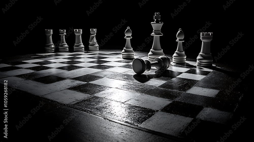Naklejka premium Dramatic lighting on chessboard with fallen king highlighting competitive themes