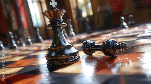 Dramatic lighting on chessboard with fallen king highlighting competitive themes