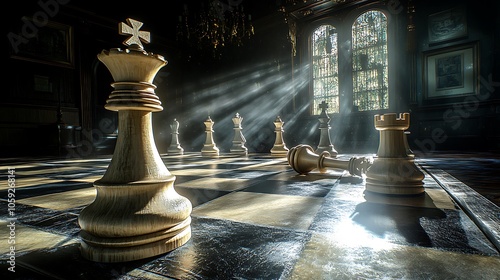 Dramatic lighting on chessboard with fallen king highlighting competitive themes