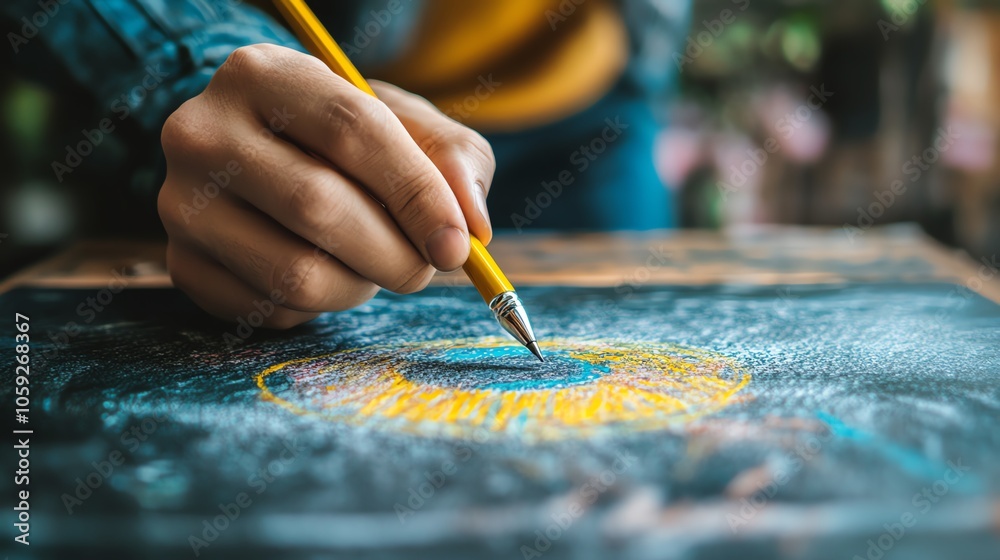 Close-up of a hand drawing with a pencil on a chalkboard. Focus on artistic expression and creativity in a colorful, detailed design.