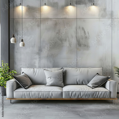 "Contemporary Living Space with Sofa and Greenery Against Industrial Concrete Wall"