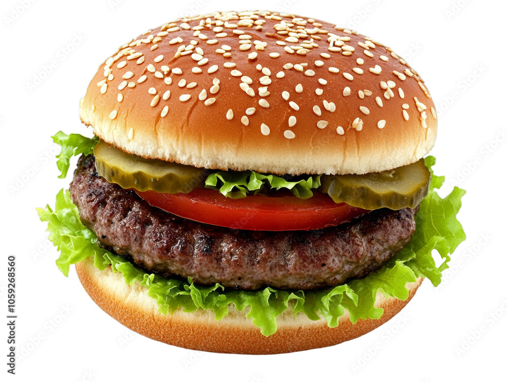 Classic hamburger with beef patty, lettuce, tomato, pickles, and sesame seed bun on a transparent background, ideal for fast food and American cuisine themes Classic hamburger with beef patty, lettuce, tomato, pickles, and sesame seed bun on a transparent background, ideal for fast food and American cuisine themes