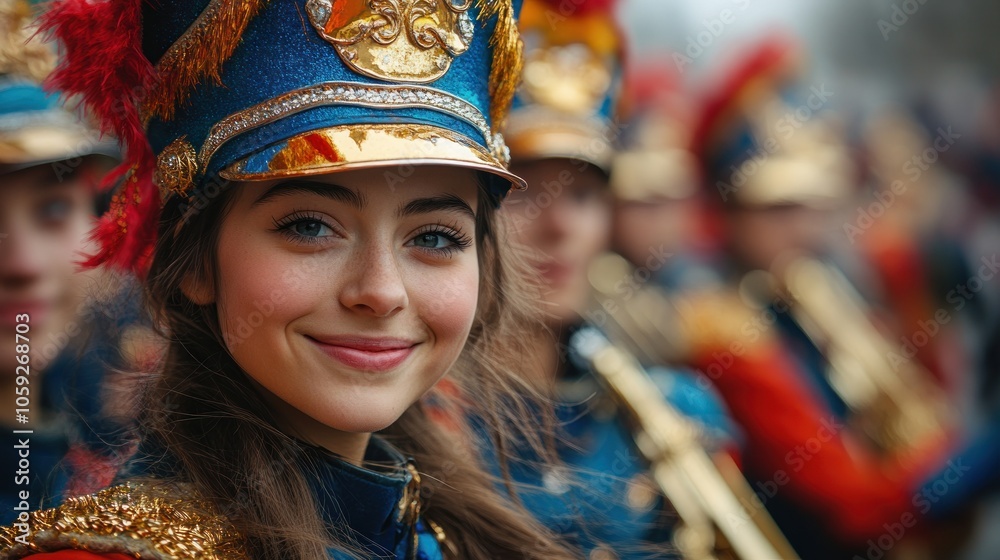 A young woman in a blue and gold uniform with a red and gold hat smiles at the camera. A young woman in a blue and gold uniform with a red and gold hat smiles at the camera.