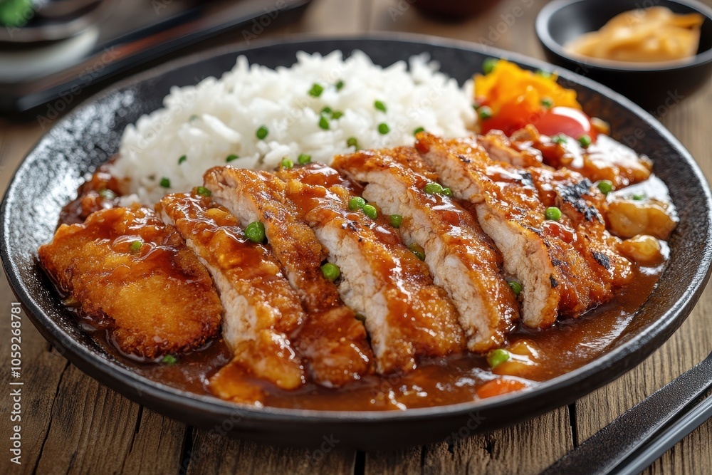 Japanese style breaded chicken cutlet served with curry and white rice a favored dish in Japan
