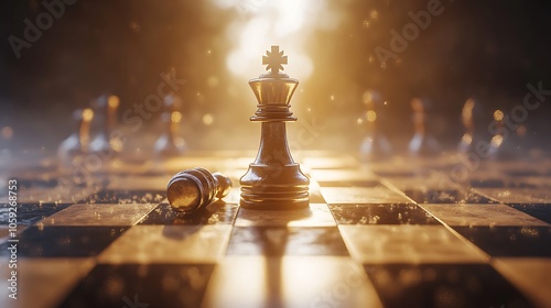 Intense lighting on a chessboard close-up with toppled king symbolizing strategy and defeat