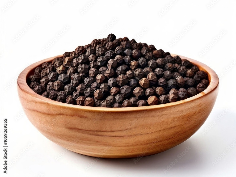 black pepper in a wooden bowl on a white background. Generated by AI. black pepper in a wooden bowl on a white background. Generated by AI.