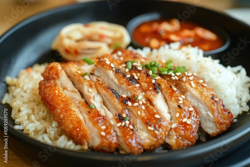 Korean chicken katsu with gochujang rice fried chicken fillet on black plate