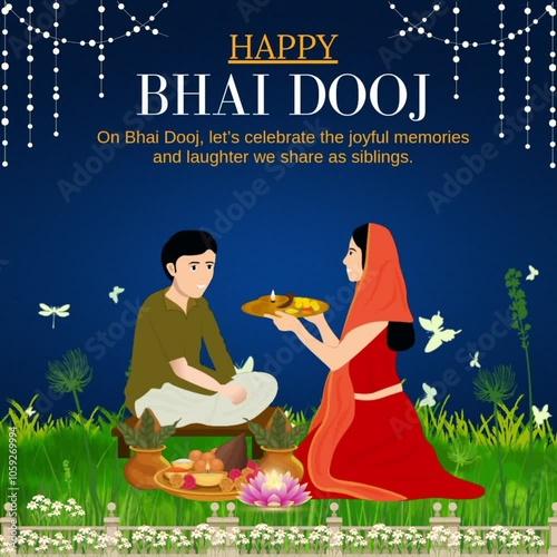 BHAI DOOJ. background is a dark blue with a starry sky and a string of lights. brother and sister performing the Bhai Dooj ritual. brother is wearing a green kurta and the sister is wearing a red  photo