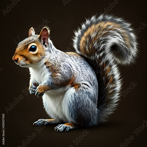 A realistic squirrel with a bushy tail and alert posture, holding a nut, set against a dark background. photo