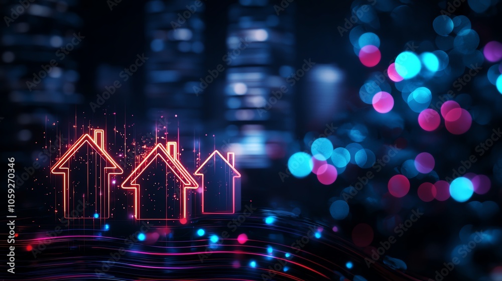 Colorful digital house icons with bokeh lights creating a modern, vibrant atmosphere. Colorful digital house icons with bokeh lights creating a modern, vibrant atmosphere.