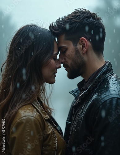 Romantic couple in the rain embracing closely