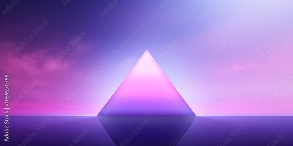 A purple pyramid stands in a dreamy atmosphere, its smooth surfaces reflecting the ambient light to create an ethereal aura.