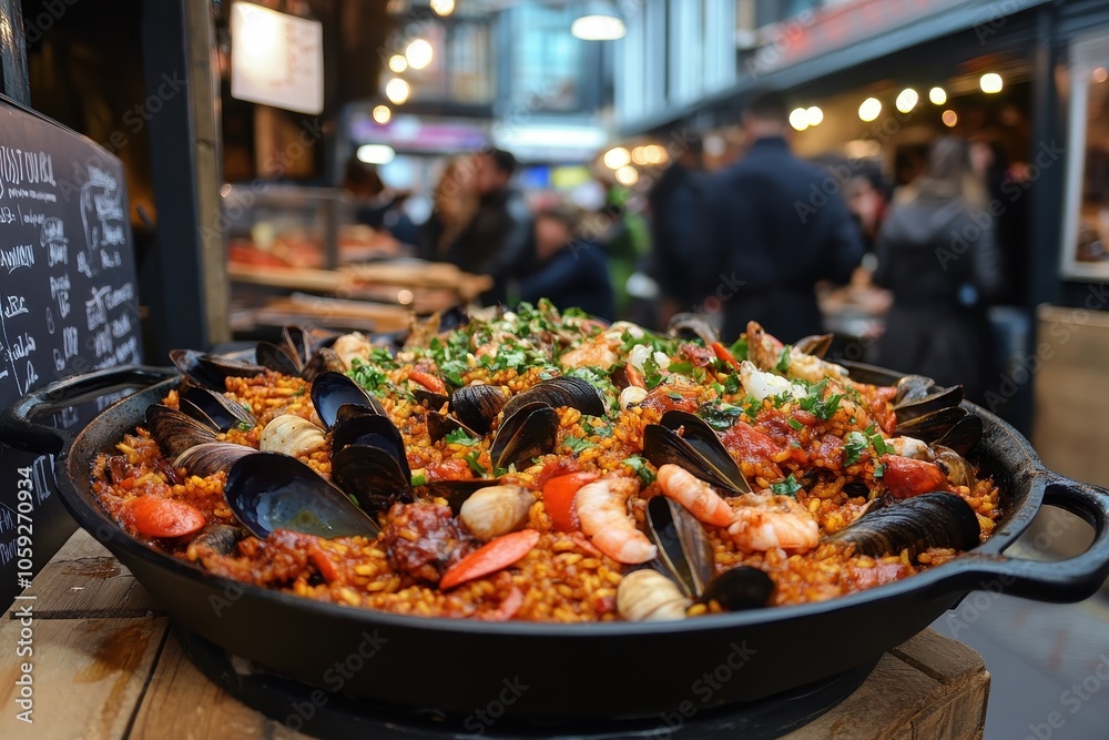 London street food market on Portobello Road offers vibrant freshly made seafood paella in a large pan London street food market on Portobello Road offers vibrant freshly made seafood paella in a large pan