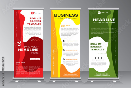 Business roll up banner desing in red, yellow and green print ready colours, vetical banner template, roll up bannner for project, event, presentation, conferance, meeting, Vector eps 10