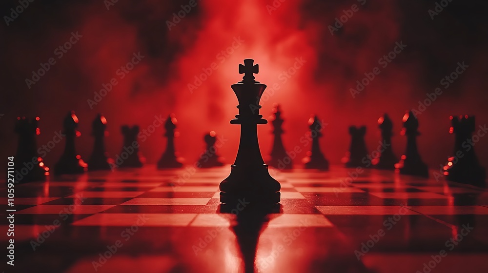 Close-up on chessboard with toppled king under intense lighting showing rivalry and strategy Close-up on chessboard with toppled king under intense lighting showing rivalry and strategy