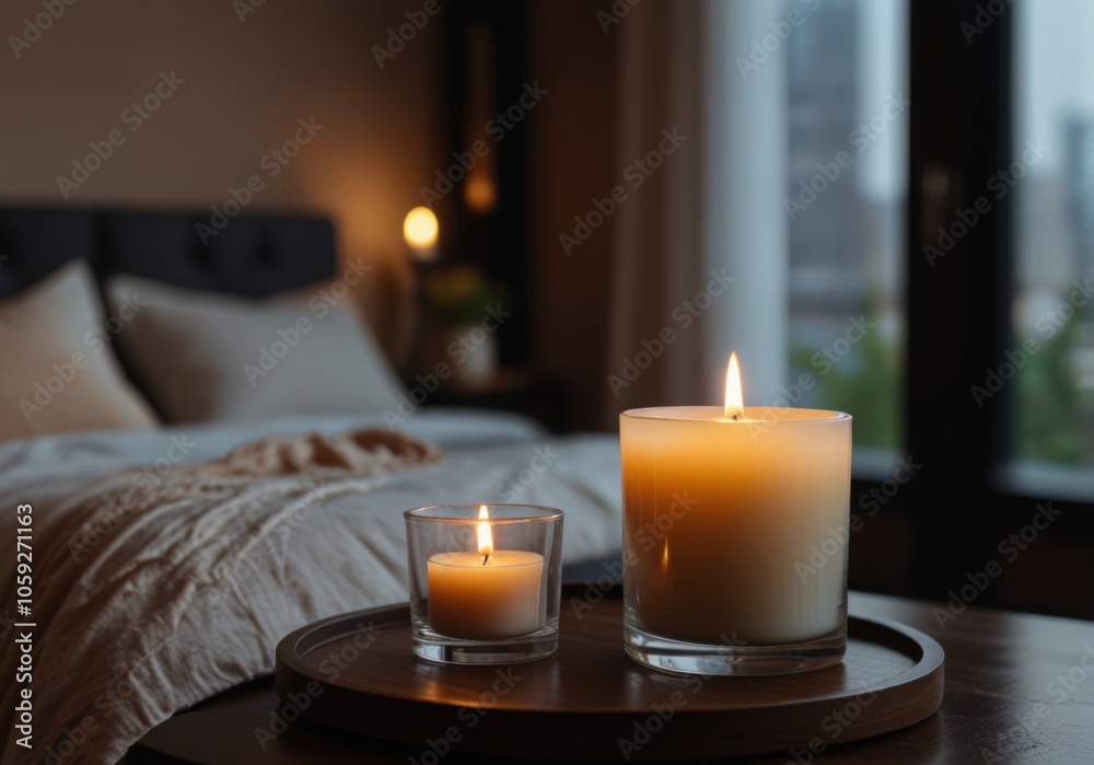 aroma candle on the coffee table close-up, against the backdrop of the bedroom aroma candle on the coffee table close-up, against the backdrop of the bedroom