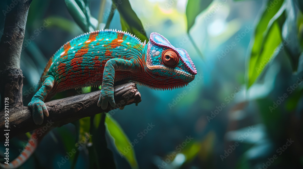 A brightly colored chameleon sits on a branch in a lush rainforest. A brightly colored chameleon sits on a branch in a lush rainforest.