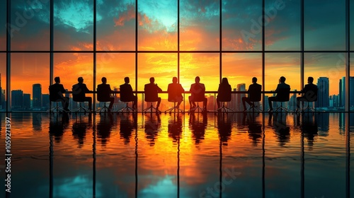 Silhouettes of Business People Looking Out a Window at Sunset