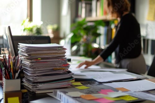 Busy office scene with paperwork pile and blurred background