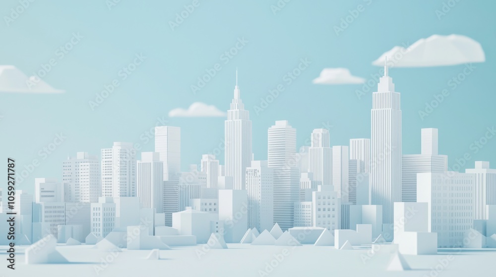 A futuristic minimalist city model with white skyscrapers A futuristic minimalist city model with white skyscrapers