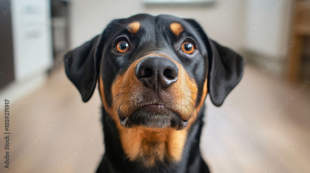 The dog in the photo stares at its owner with a hungry look. It seems like the dog wants something, maybe food. The picture was taken inside the owner's home. The dog in the photo stares at its owner with a hungry look. It seems like the dog wants something, maybe food. The picture was taken inside the owner's home.