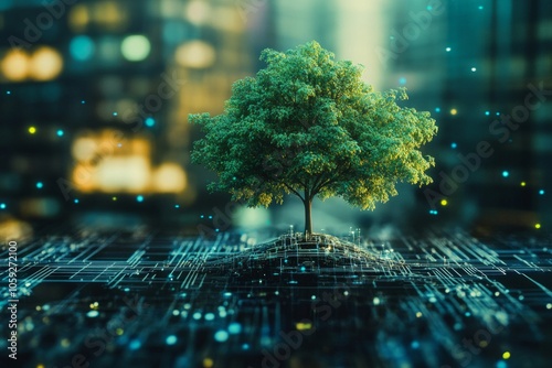 Digital nature: tree integration in futuristic urban landscape