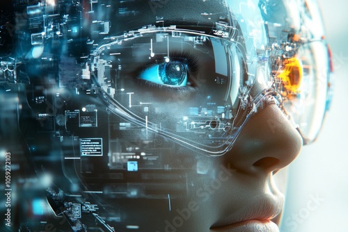 Wallpaper Mural Futuristic cyborg woman with augmented reality glasses in a digital interface Torontodigital.ca