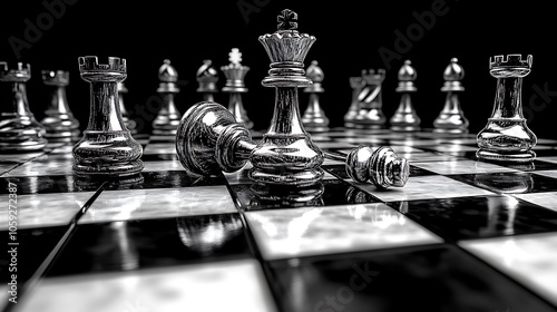 Dramatic chessboard close-up with fallen king in focused light for themes of rivalry