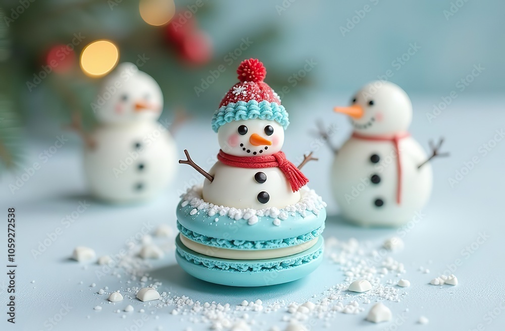 French Snowman Macaroon: Christmas-Themed Blue Macaroon on White Table. Cute Snowmen food styling