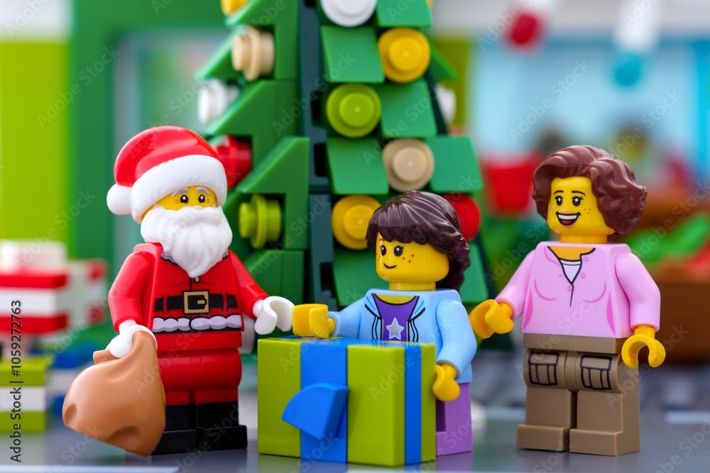 Fototapeta premium Tambov, Russian Federation - October 17, 2024 Lego Santa Claus with bag, girl with a gift and her mother standing near Christmas tree