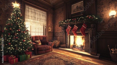 Cozy Christmas scene with a lit tree  holiday lights  comfy armchair  and stockings hung near the fireplace  creating a festive atmosphere.