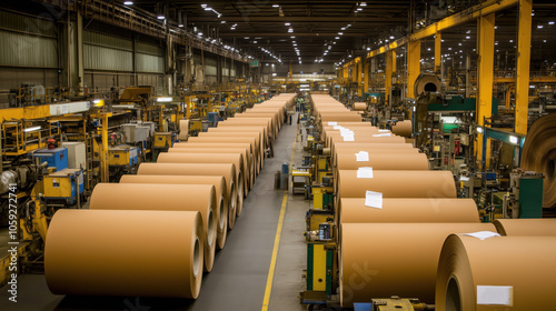 Large industrial paper rolls in manufacturing facility, showcasing production lines and machinery