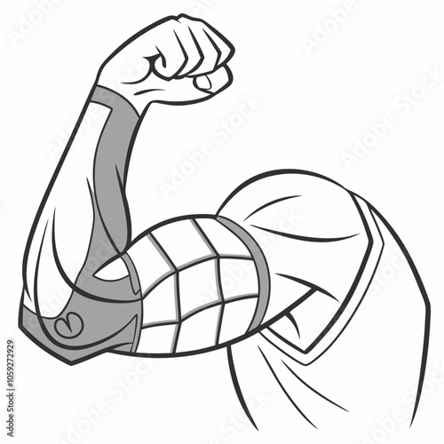 Black and white illustration of a muscular arm with a sports brace, depicting strength and support. Perfect for sports medicine, physical therapy, and athletic recovery.