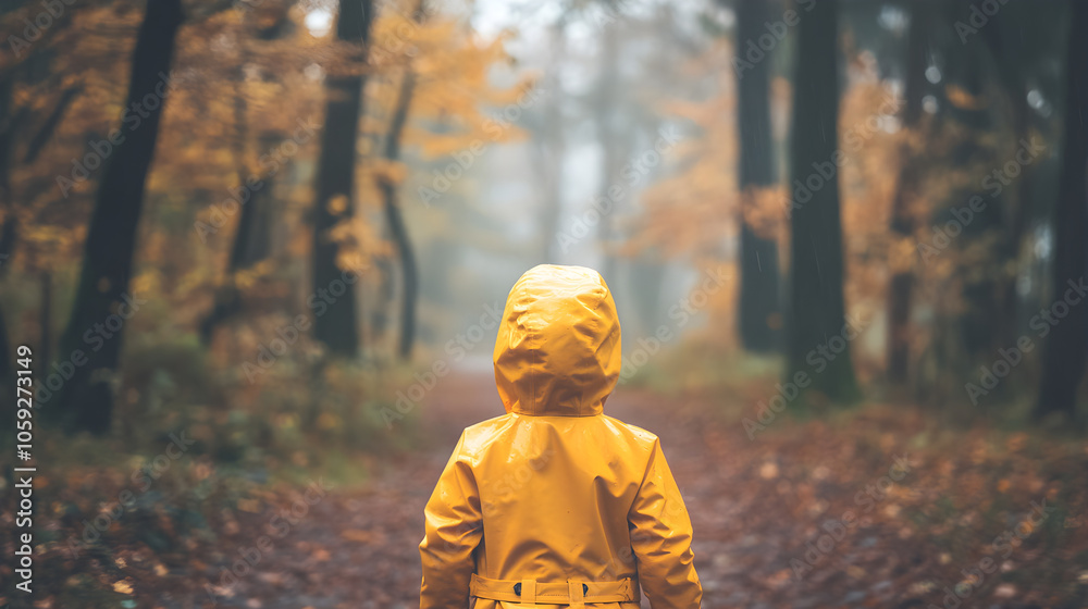 child in yellow raincoat stands in autumn forest, surrounded by fog