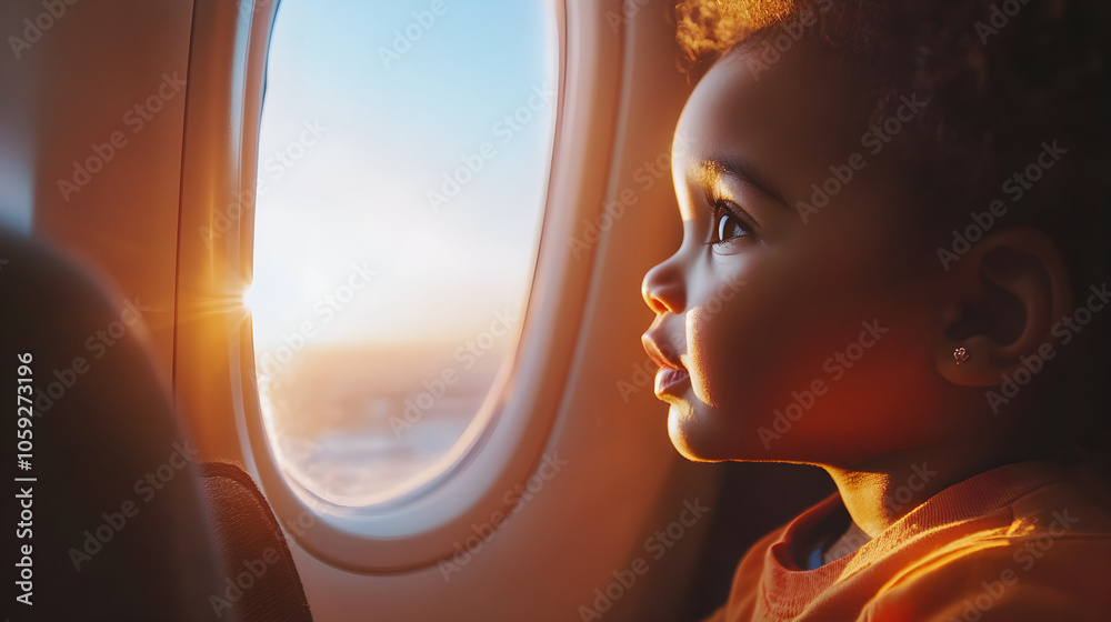 Child gazing out airplane window, captivated by sunset view Child gazing out airplane window, captivated by sunset view
