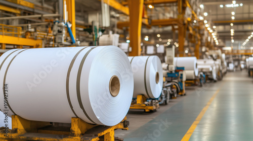 Large rolls of paper in factory setting, showcasing industrial production