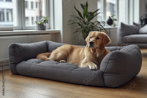 Wallpaper Mural Relaxed Golden Retriever on Cozy Dog Bed in Modern Sunlit Home Torontodigital.ca