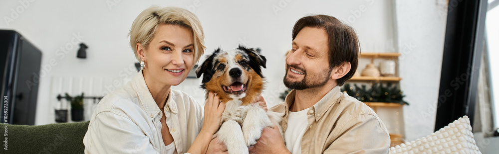 A joyful couple cherishes their time together with a playful dog in a warm, welcoming home A joyful couple cherishes their time together with a playful dog in a warm, welcoming home