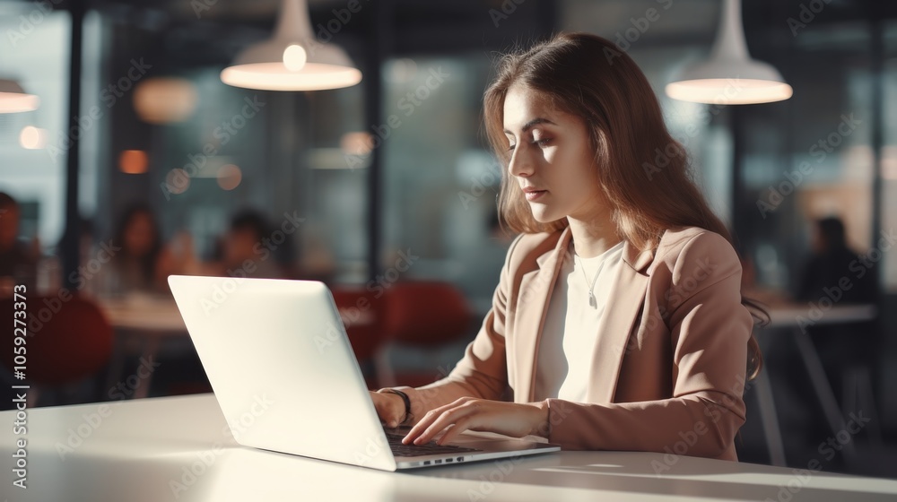 Focused woman working on laptop in modern workspace a glimpse into the professional world of productivity and innovation Focused woman working on laptop in modern workspace a glimpse into the professional world of productivity and innovation