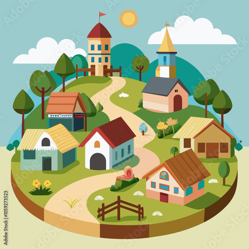 A charming illustration of a whimsical village nestled on a green hill, featuring colorful houses, a church, and a winding road. Perfect for adding a touch of cute and cozy to your designs.