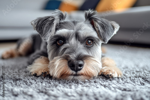 Adorable Schnauzer Dog Resting on Soft Rug in Modern Minimalist Home