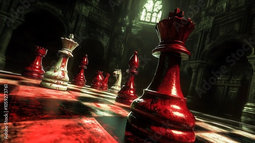 Dramatic lighting on chessboard close-up with toppled king conveying intense competition