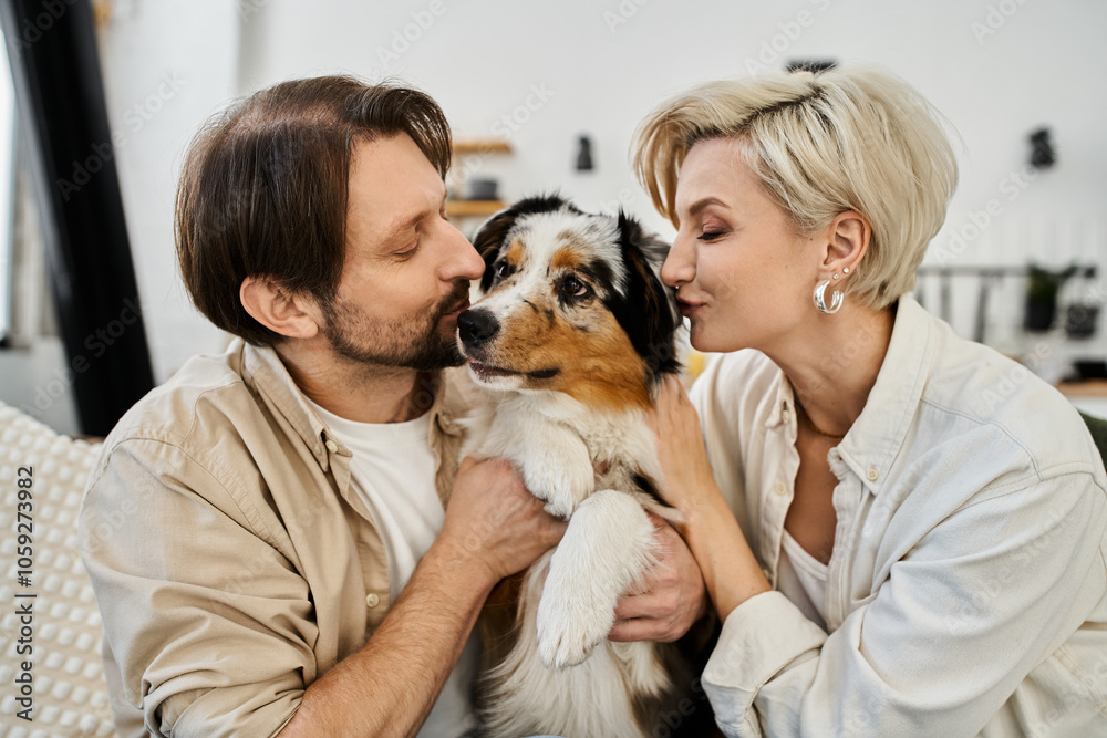 A couple joyfully embraces their dog while enjoying a peaceful moment together indoors. A couple joyfully embraces their dog while enjoying a peaceful moment together indoors.